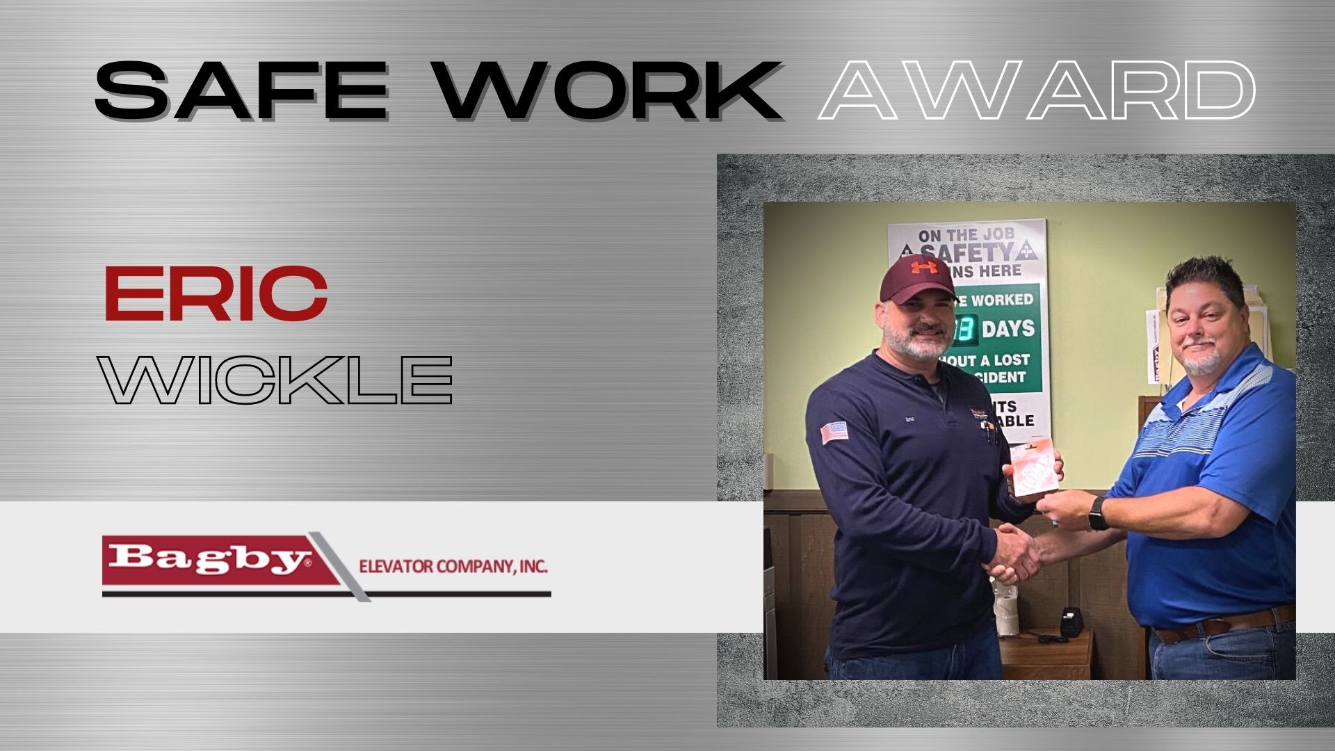 Bagby Elevator October Month in Review Safe Work Award Winner Banner Eric Wickle PRES